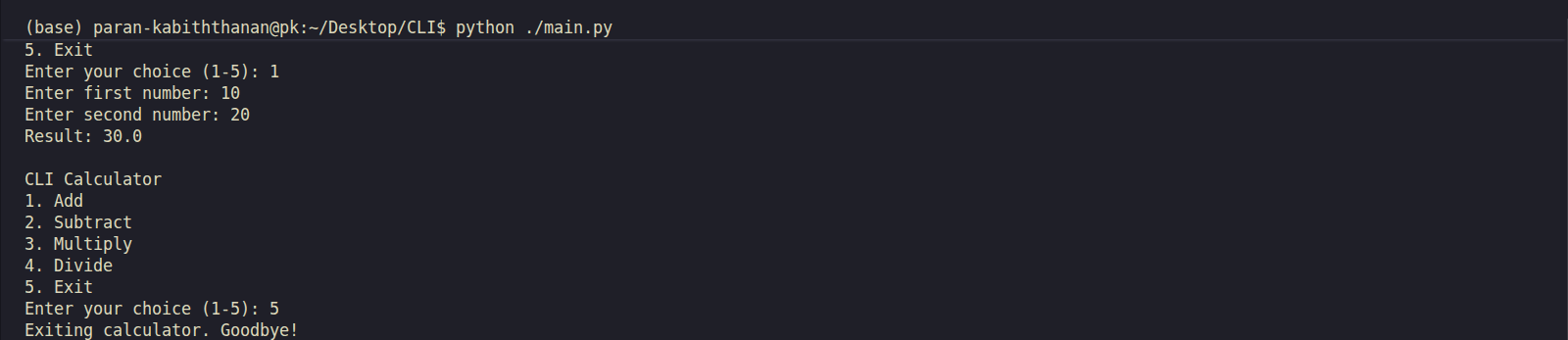 CLI Calculator Running
